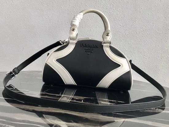 Prada Bowling Bag in Black Nappa Lather with White Leather Trim