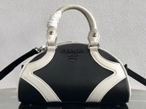 Prada Bowling Bag in Black Nappa Lather with White Leather Trim