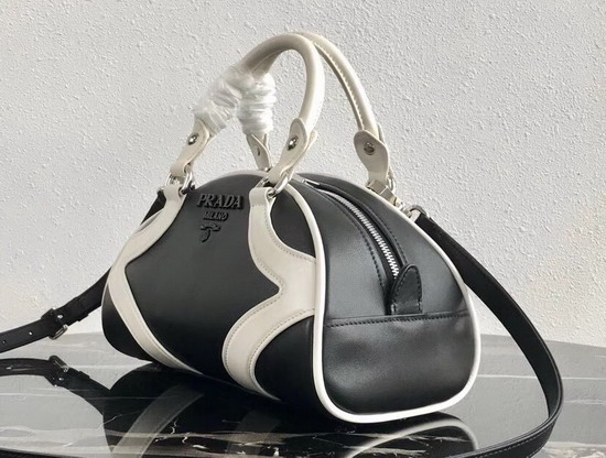 Prada Bowling Bag in Black Nappa Lather with White Leather Trim