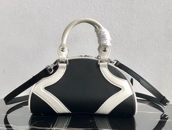 Prada Bowling Bag in Black Nappa Lather with White Leather Trim