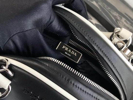 Prada Bowling Bag in Black Nappa Lather with White Leather Trim