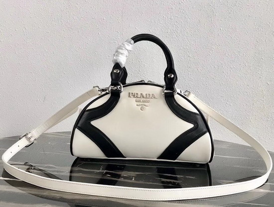 Prada Bowling Bag in White Nappa Lather with Black Leather Trim