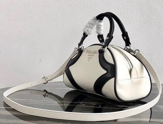 Prada Bowling Bag in White Nappa Lather with Black Leather Trim