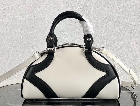 Prada Bowling Bag in White Nappa Lather with Black Leather Trim