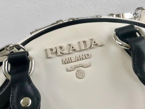 Prada Bowling Bag in White Nappa Lather with Black Leather Trim