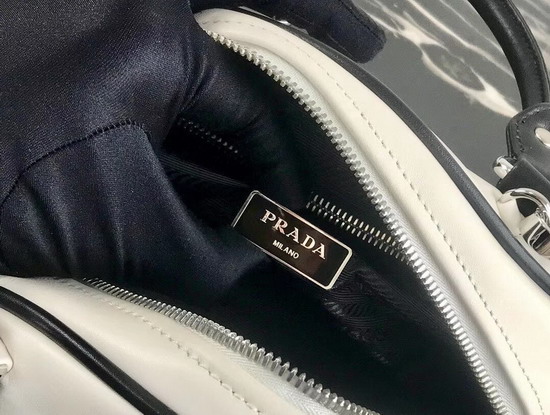 Prada Bowling Bag in White Nappa Lather with Black Leather Trim