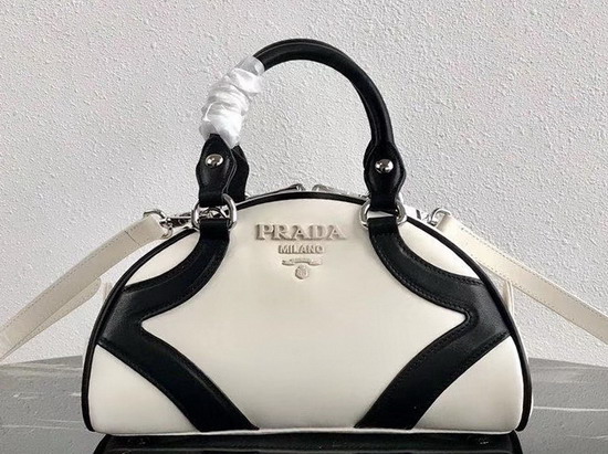 Prada Bowling Bag in White Nappa Lather with Black Leather Trim