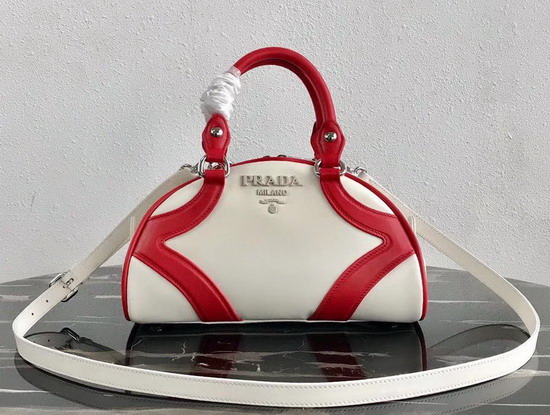 Prada Bowling Bag in White Nappa Lather with Red Leather Trim