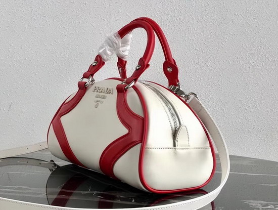 Prada Bowling Bag in White Nappa Lather with Red Leather Trim