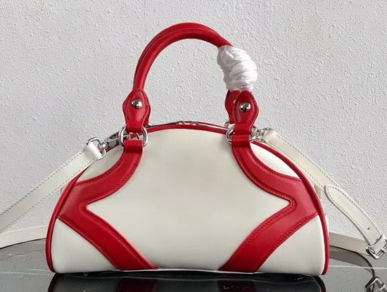 Prada Bowling Bag in White Nappa Lather with Red Leather Trim