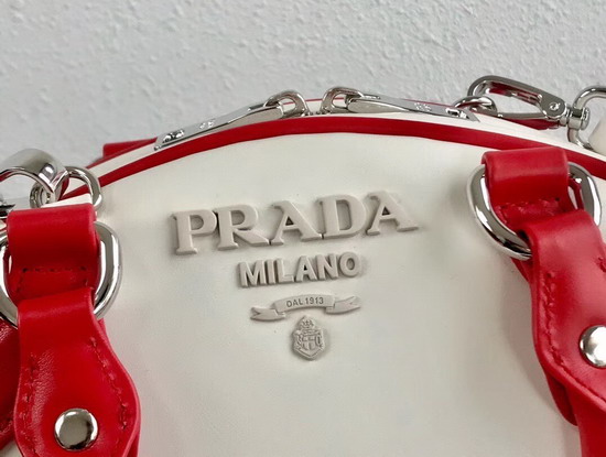 Prada Bowling Bag in White Nappa Lather with Red Leather Trim