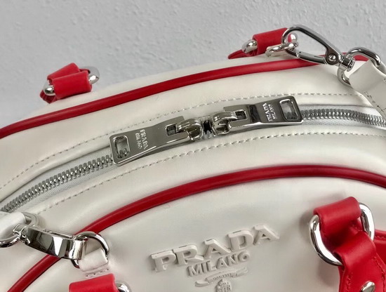 Prada Bowling Bag in White Nappa Lather with Red Leather Trim