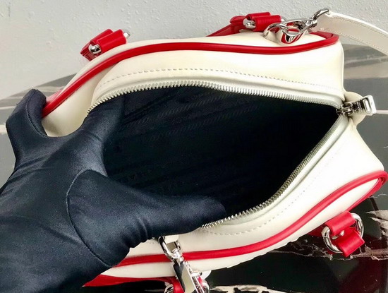 Prada Bowling Bag in White Nappa Lather with Red Leather Trim