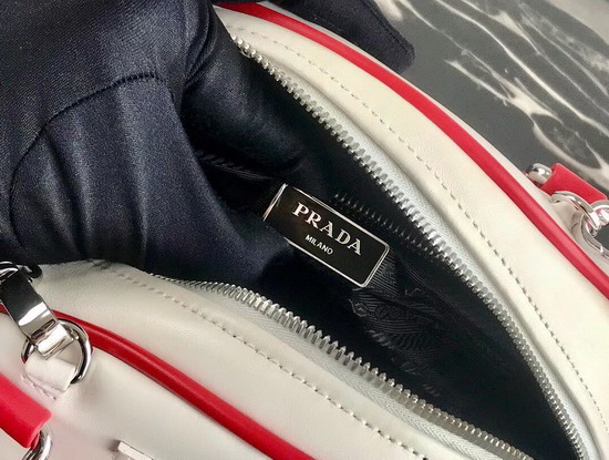 Prada Bowling Bag in White Nappa Lather with Red Leather Trim