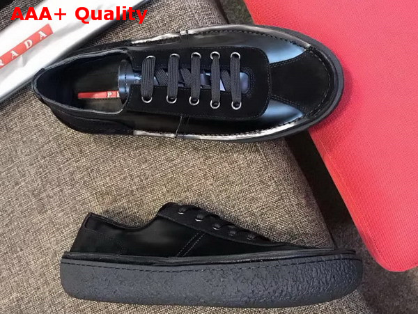 Prada Brushed Calf Leather Oxford Sneaker with Suede Inserts Rubber Sole Black Replica