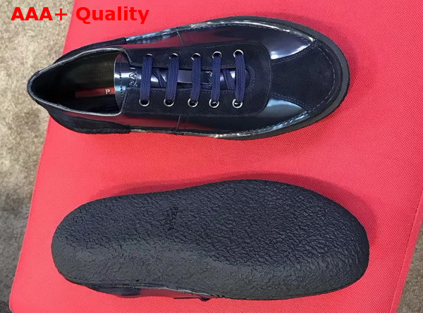 Prada Brushed Calf Leather Oxford Sneaker with Suede Inserts Rubber Sole Navy Blue Replica