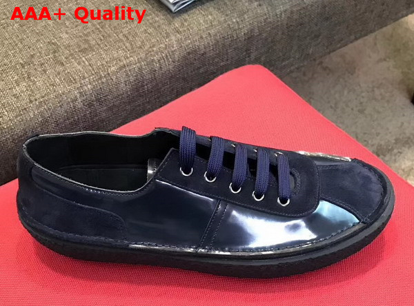 Prada Brushed Calf Leather Oxford Sneaker with Suede Inserts Rubber Sole Navy Blue Replica