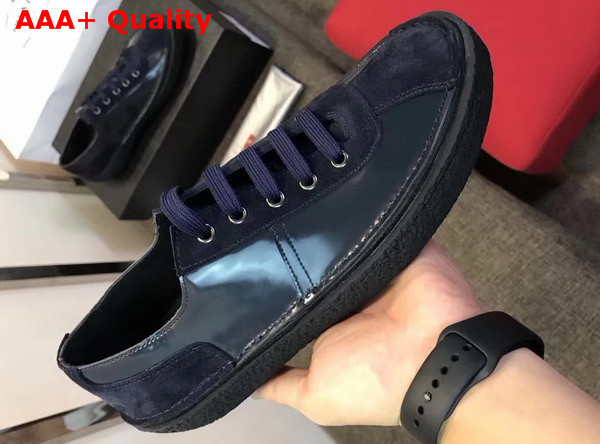 Prada Brushed Calf Leather Oxford Sneaker with Suede Inserts Rubber Sole Navy Blue Replica