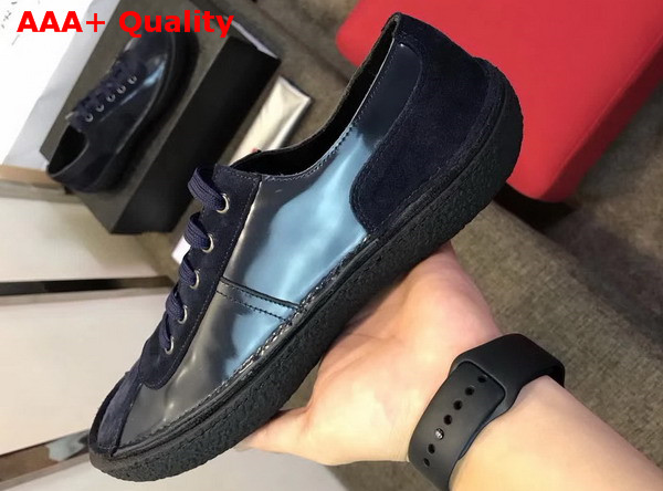 Prada Brushed Calf Leather Oxford Sneaker with Suede Inserts Rubber Sole Navy Blue Replica