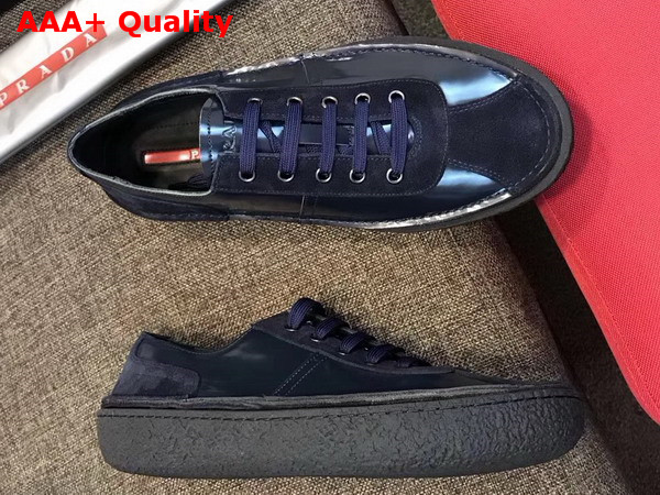 Prada Brushed Calf Leather Oxford Sneaker with Suede Inserts Rubber Sole Navy Blue Replica