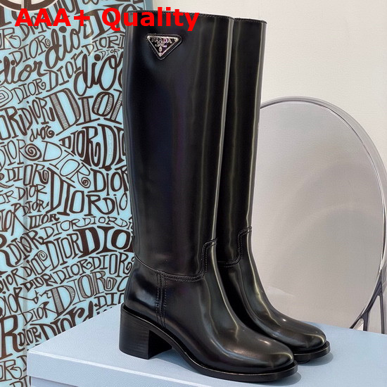 Prada Brushed Leather Boots in Black with Triangle Logo Replica