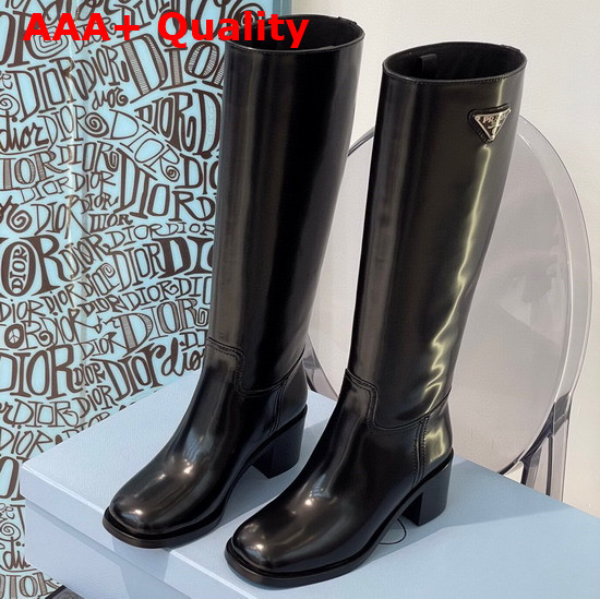 Prada Brushed Leather Boots in Black with Triangle Logo Replica