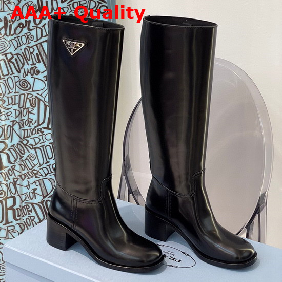 Prada Brushed Leather Boots in Black with Triangle Logo Replica