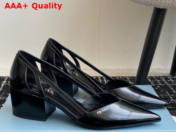 Prada Brushed Leather Cut Out Pumps in Black 1I736N Replica