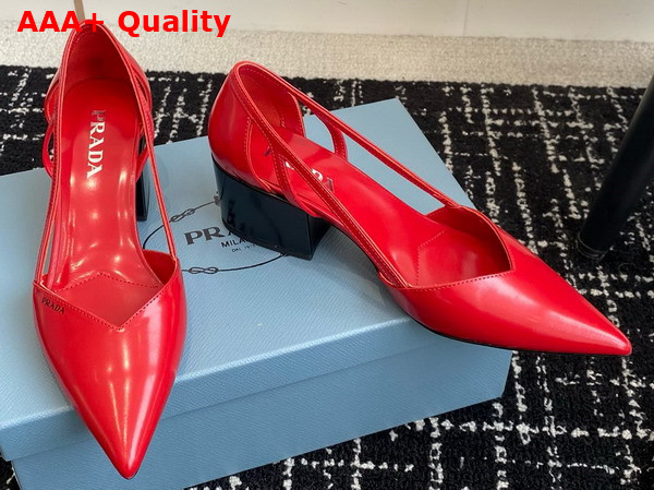 Prada Brushed Leather Cut Out Pumps in Fiery Red 1I736N Replica