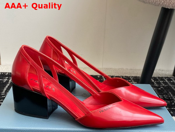 Prada Brushed Leather Cut Out Pumps in Fiery Red 1I736N Replica