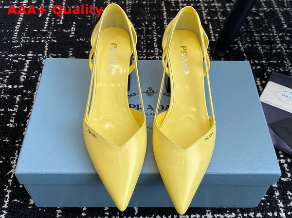 Prada Brushed Leather Cut Out Pumps in Lemon Yellow 1I736N Replica