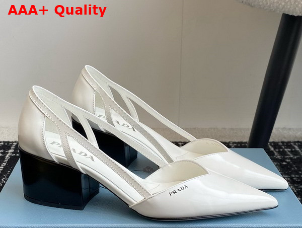 Prada Brushed Leather Cut Out Pumps in White 1I736N Replica