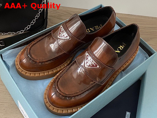 Prada Brushed Leather Loafers Tobacco Calf Leather Replica