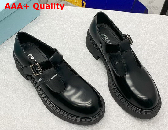 Prada Brushed Leather Mary Jane T Strap Shoes in Black 1E834M Replica