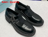 Prada Brushed Leather Mary Jane T Strap Shoes in Black 1E834M Replica