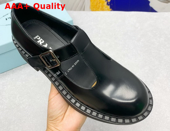 Prada Brushed Leather Mary Jane T Strap Shoes in Black 1E834M Replica