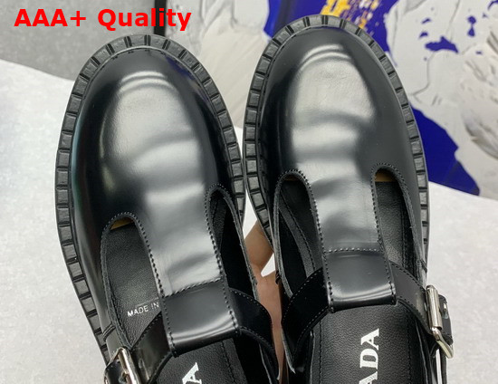 Prada Brushed Leather Mary Jane T Strap Shoes in Black 1E834M Replica