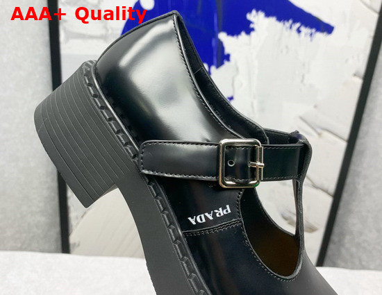 Prada Brushed Leather Mary Jane T Strap Shoes in Black 1E834M Replica