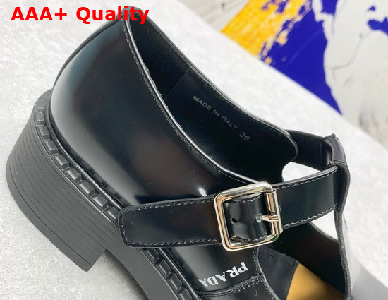 Prada Brushed Leather Mary Jane T Strap Shoes in Black 1E834M Replica