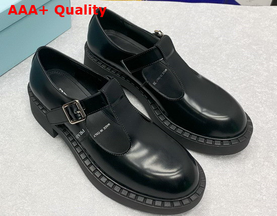 Prada Brushed Leather Mary Jane T Strap Shoes in Black 1E834M Replica