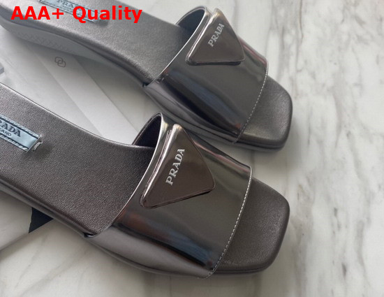 Prada Brushed Leather Slides in Dark Silver Replica