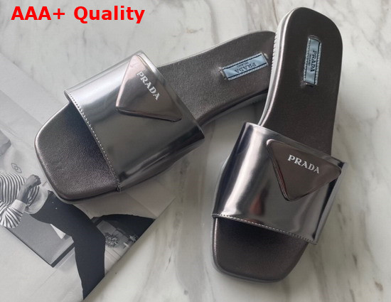 Prada Brushed Leather Slides in Dark Silver Replica