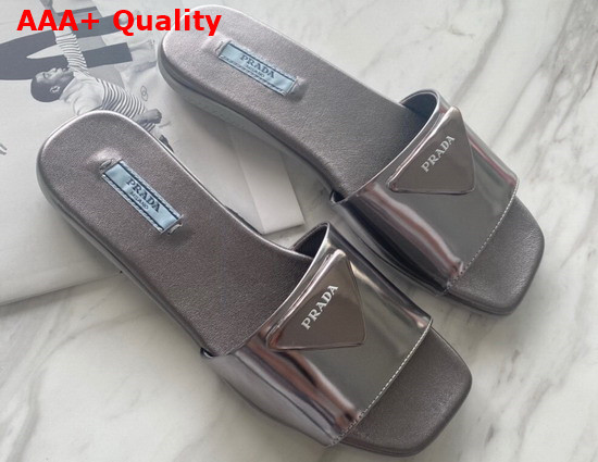 Prada Brushed Leather Slides in Dark Silver Replica