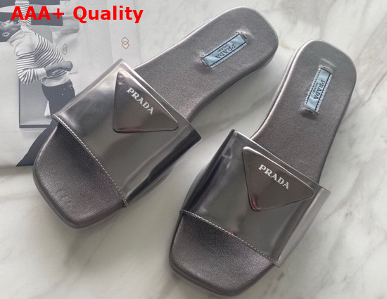 Prada Brushed Leather Slides in Dark Silver Replica