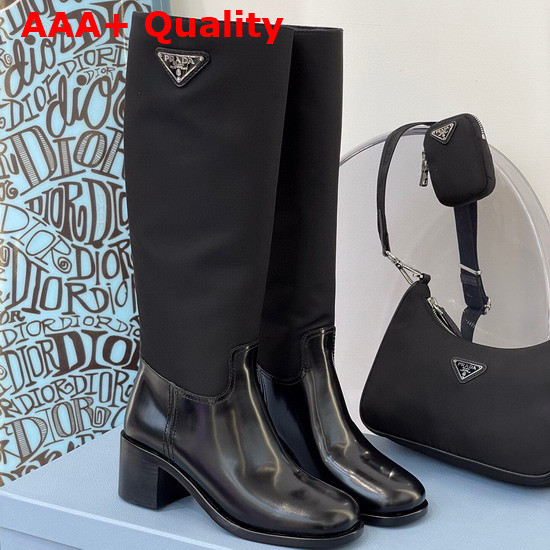 Prada Brushed Leather and Nylon Boots in Black with Triangle Logo Replica