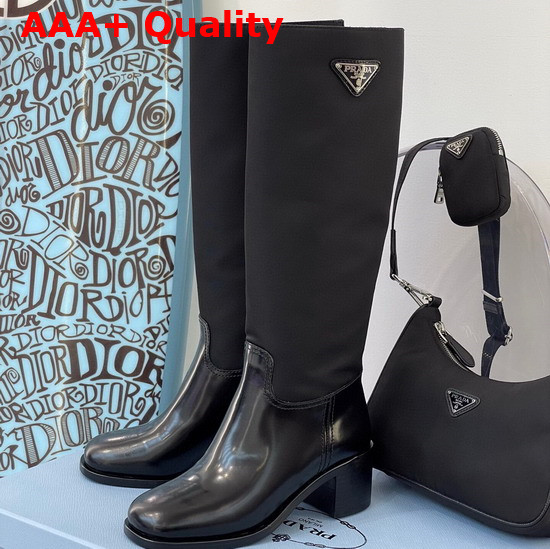 Prada Brushed Leather and Nylon Boots in Black with Triangle Logo Replica