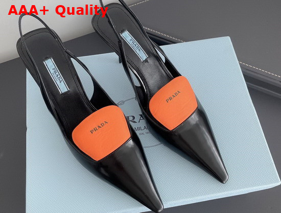 Prada Brushed Leather and Nylon Slingback Pumps Black and Orange 1I561M Replica