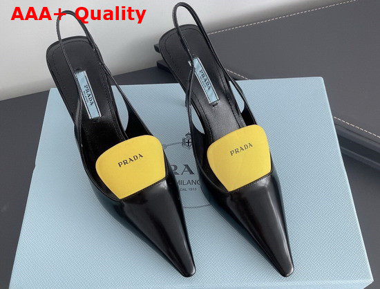 Prada Brushed Leather and Nylon Slingback Pumps Black and Yellow 1I561M Replica