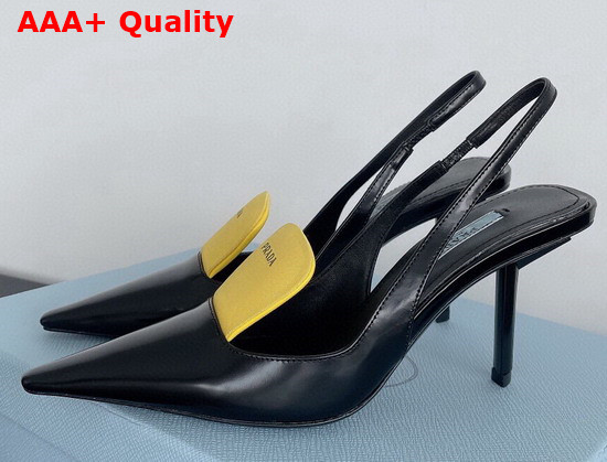 Prada Brushed Leather and Nylon Slingback Pumps Black and Yellow 1I561M Replica