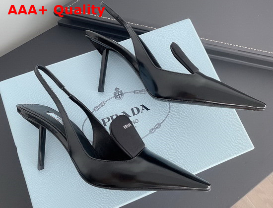 Prada Brushed Leather and Nylon Slingback Pumps in Black 1I561M Replica